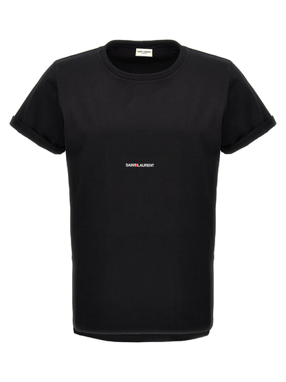 T-Shirt by Saint Laurent for men in cotton black & print features an edgy silhouette, meticulously detailed with a sophisticated and for a truly edgy finish.