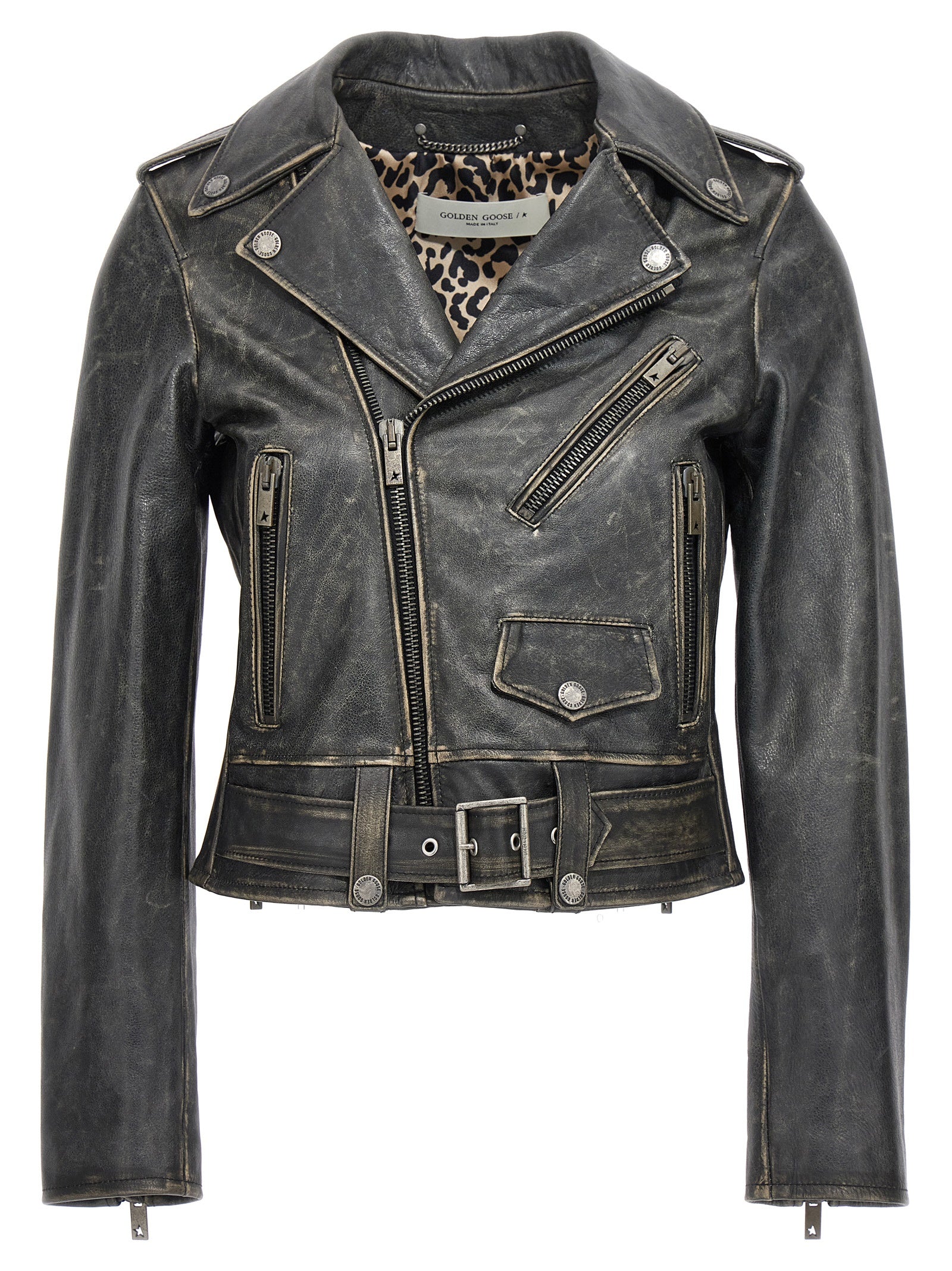 Jacket by Golden Goose for women in cowhide leather black showcases a contemporary silhouette, detailed with a contemporary and premium pockets for a sophisticated finish.