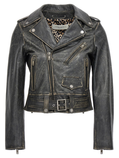 Jacket by Golden Goose for women in cowhide leather black showcases a contemporary silhouette, detailed with a contemporary and premium pockets for a sophisticated finish.
