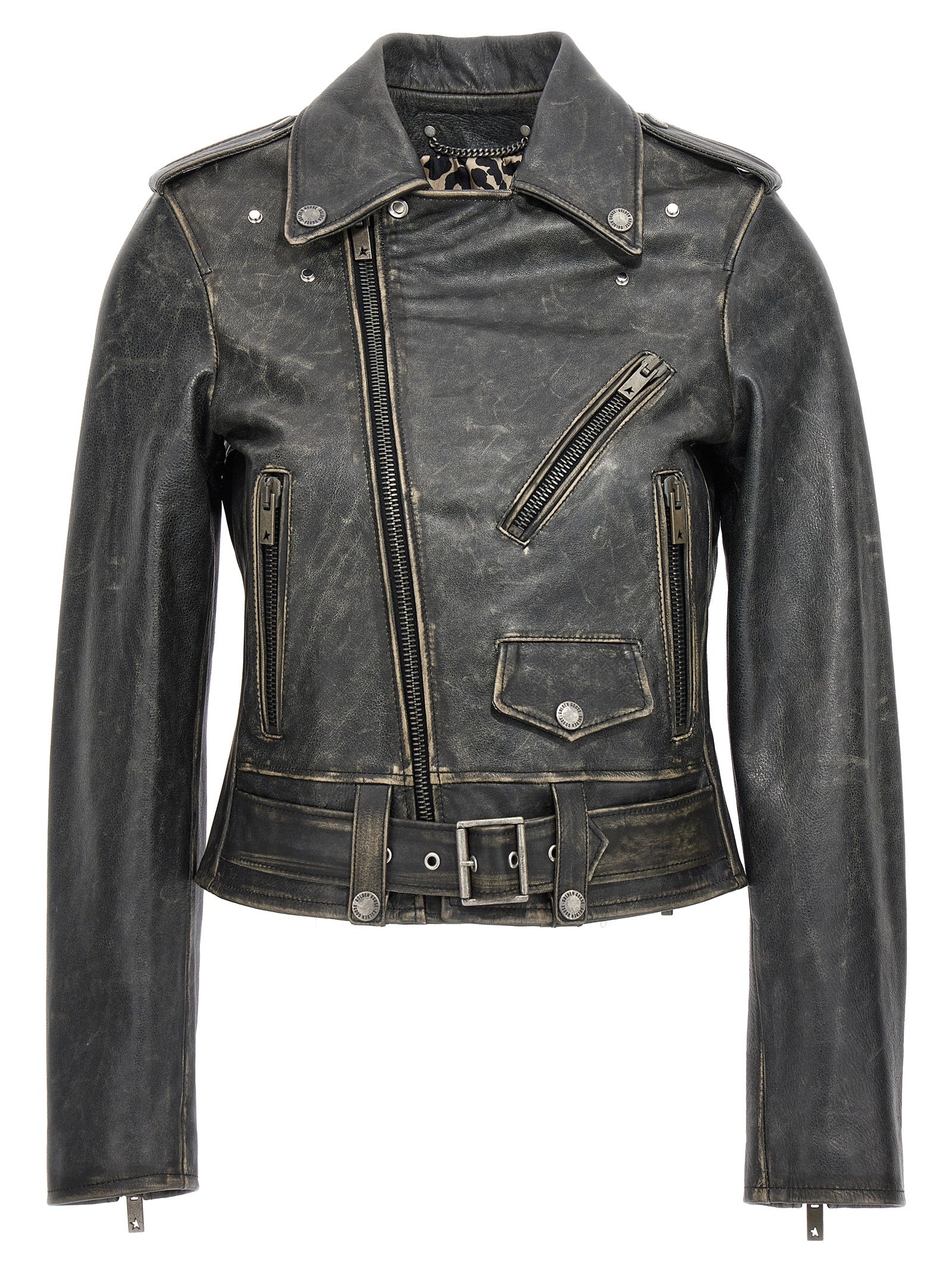 Jacket by Golden Goose for women in cowhide leather black presents a impeccable silhouette, showcasing distinct pockets and a impeccable for a sophisticated finish.
