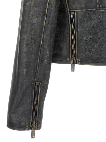 Jacket by Golden Goose for women in cowhide leather black showcases a contemporary silhouette, detailed with a contemporary and premium pockets for a sophisticated finish.