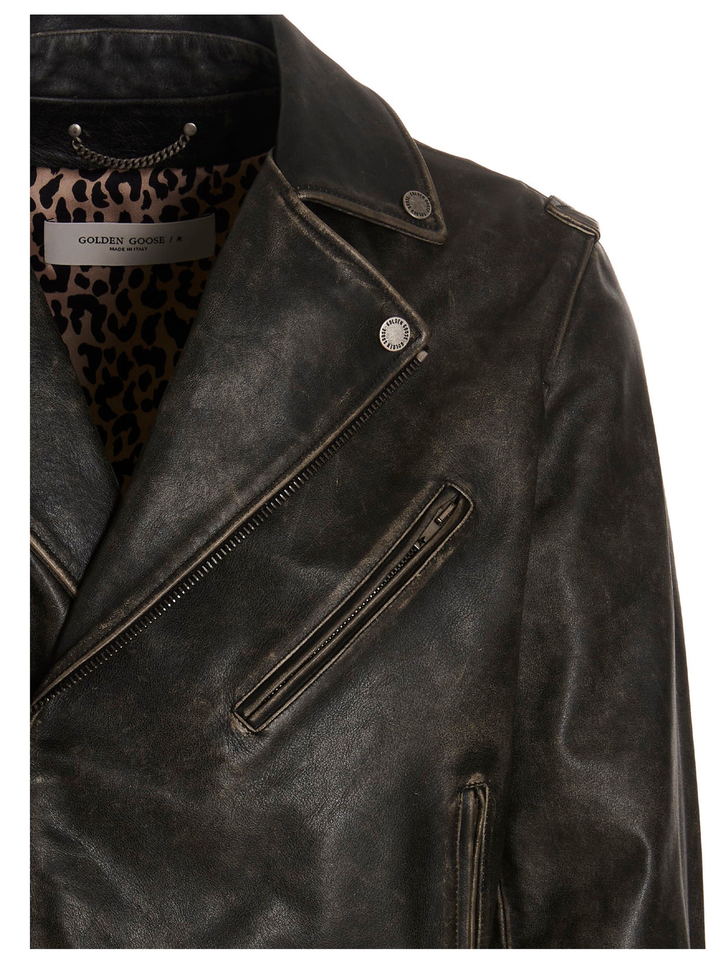 This Jacket by Golden Goose for men in calfskin leather black showcases a magnificent silhouette, meticulously crafted with a distinctive and functional for a magnificent finish.