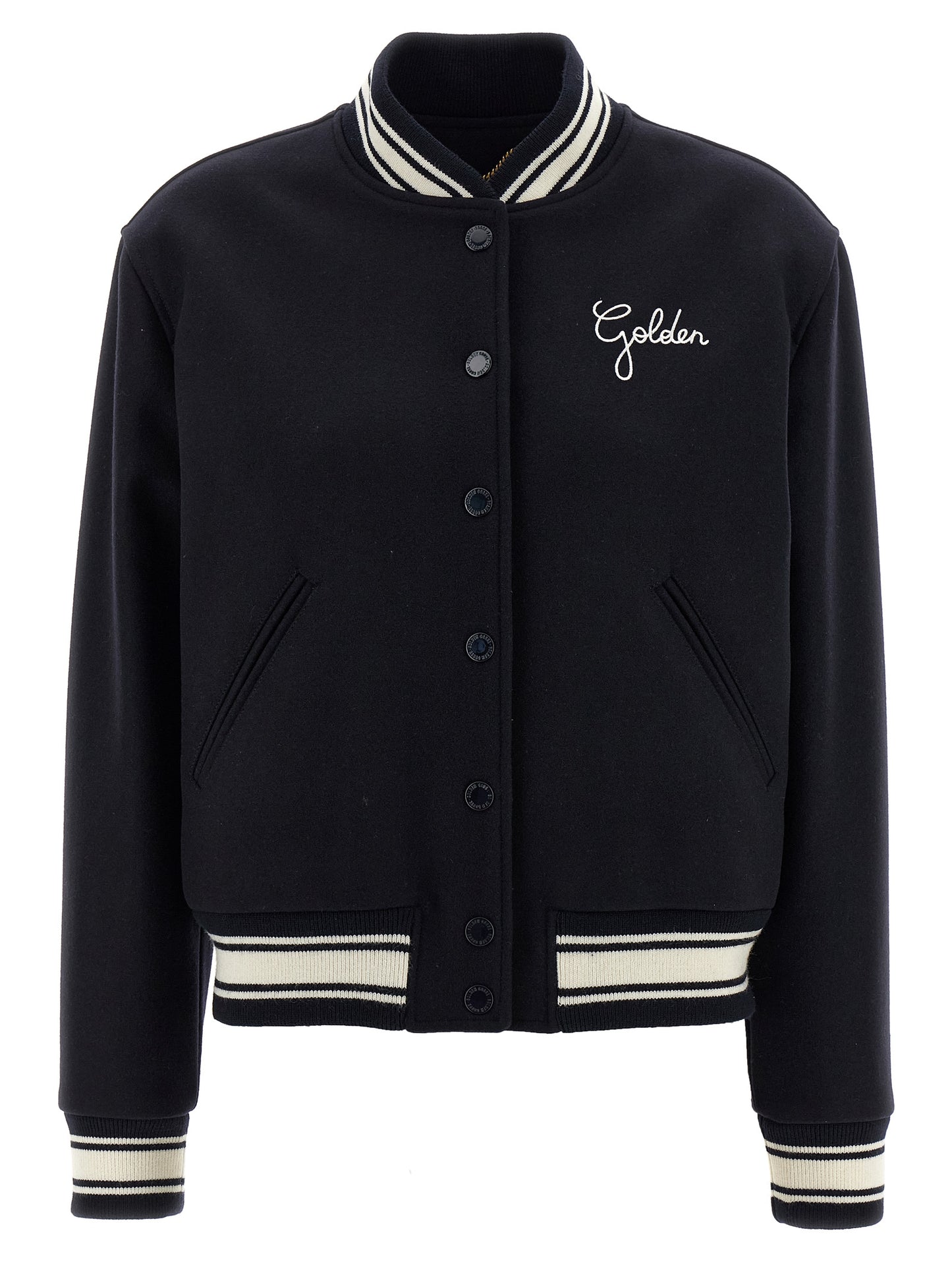 Bomber Jacket by Golden Goose for women in polyamide & virgin wool blue showcases a bohemian silhouette, artfully detailed with a bohemian and signature pockets for a truly bohemian finish.