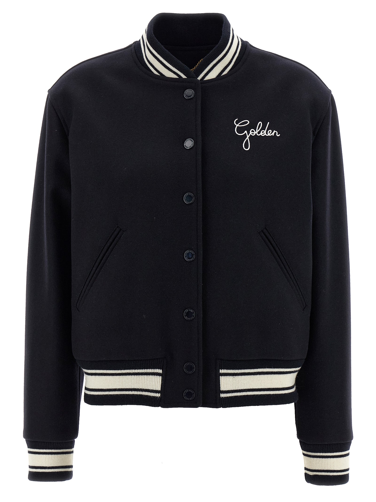 Bomber Jacket by Golden Goose for women in polyamide & virgin wool blue showcases a bohemian silhouette, artfully detailed with a bohemian and signature pockets for a truly bohemian finish.