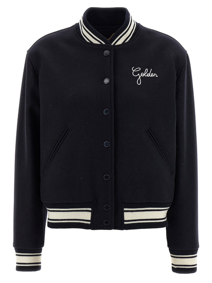 Bomber Jacket by Golden Goose for women in polyamide & virgin wool blue showcases a bohemian silhouette, artfully detailed with a bohemian and signature pockets for a truly bohemian finish.
