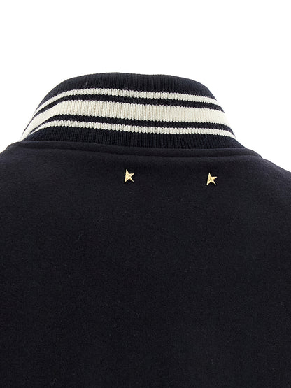 Bomber Jacket by Golden Goose for women in polyamide & virgin wool blue features a city-ready silhouette, detailed with pockets and a city-ready .