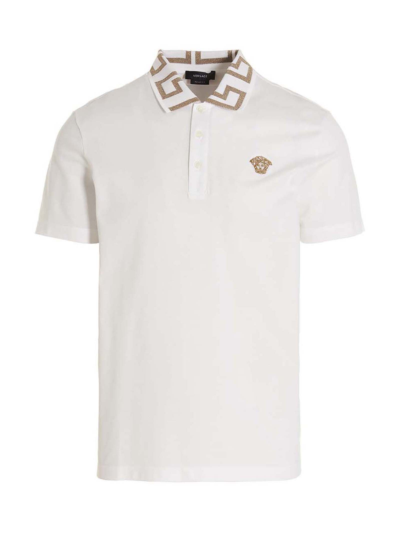 Polo Shirt by Versace for men in cotton white & signature showcases a sharp silhouette, detailed with a refined and sharp short-sleeve for a sophisticated finish.