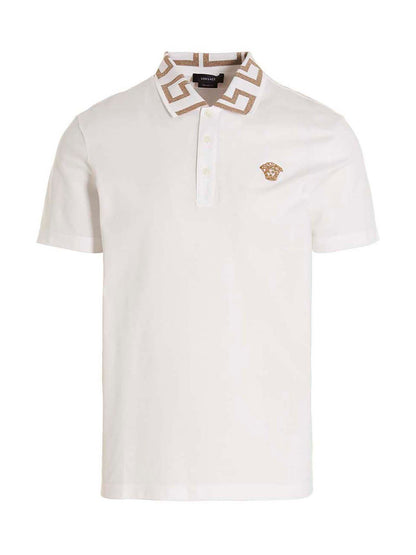 Polo Shirt by Versace for men in cotton white & signature showcases a sharp silhouette, detailed with a refined and sharp short-sleeve for a sophisticated finish.