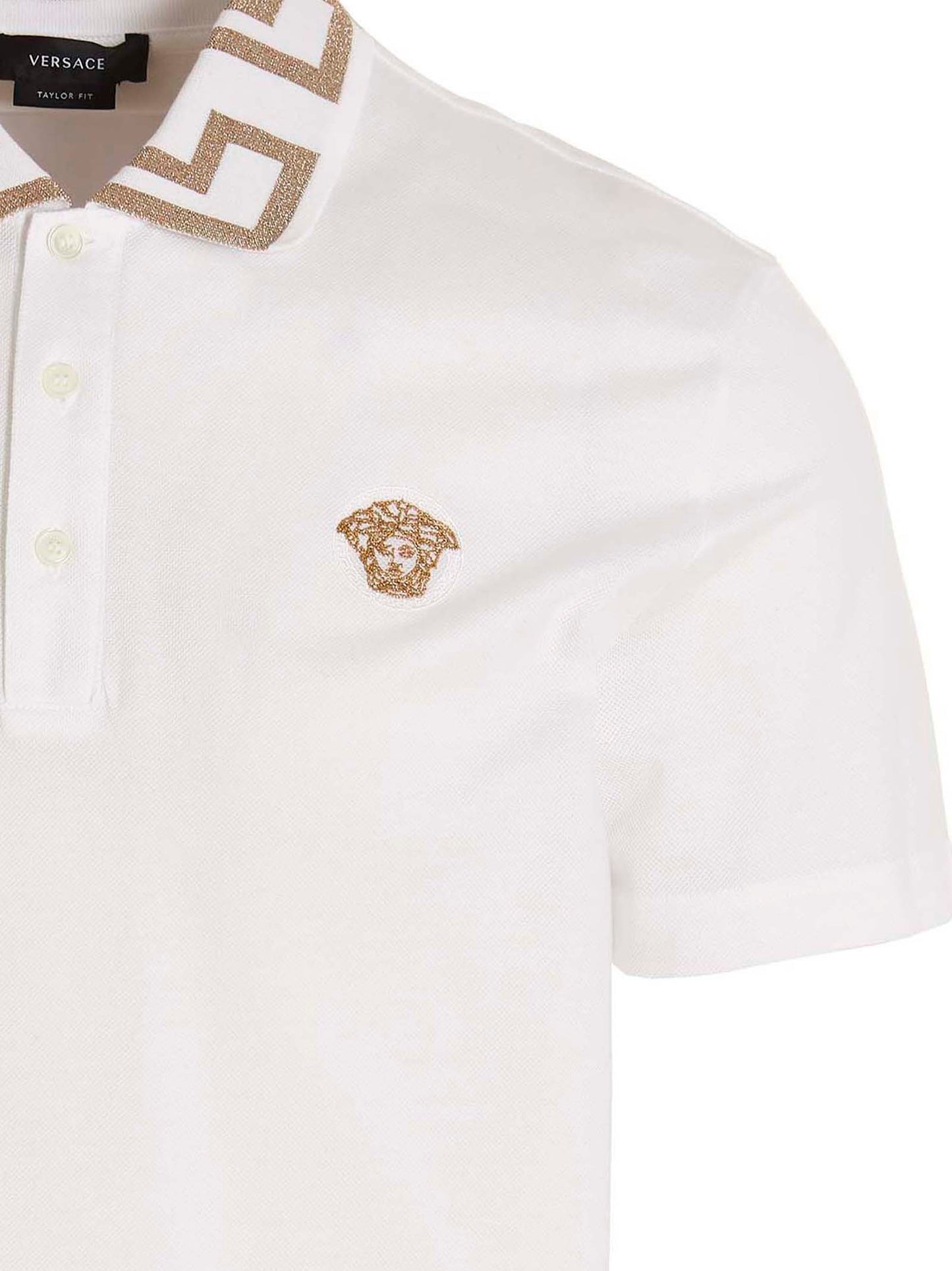 Polo Shirt by Versace for men in cotton white & signature presents a distinguished silhouette, showcasing a sophisticated and distinguished for a truly distinguished finish.