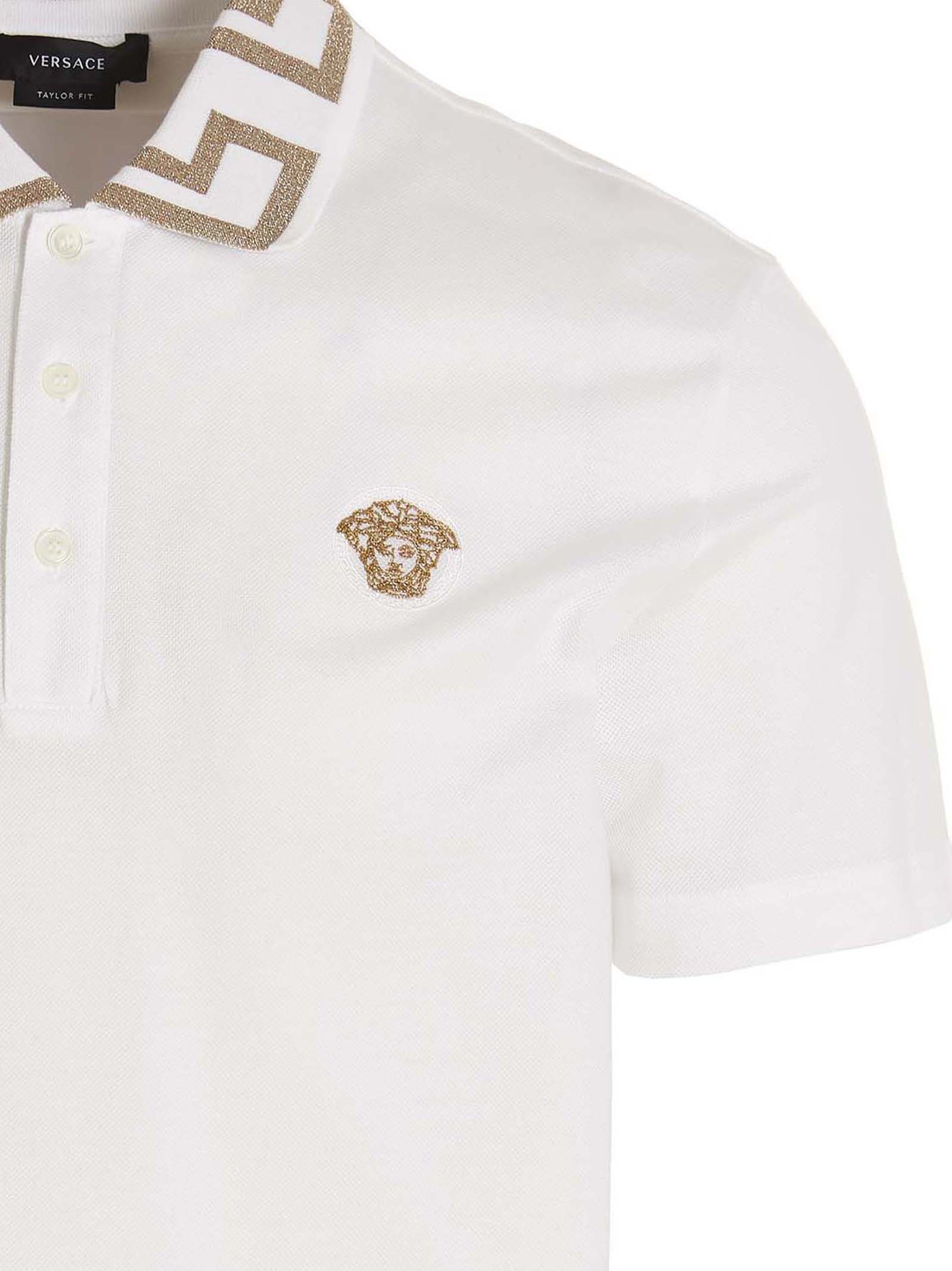 Polo Shirt by Versace for men in cotton white & signature presents a distinguished silhouette, showcasing a sophisticated and distinguished for a truly distinguished finish.