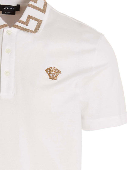 Polo Shirt by Versace for men in cotton white & signature presents a distinguished silhouette, showcasing a sophisticated and distinguished for a truly distinguished finish.