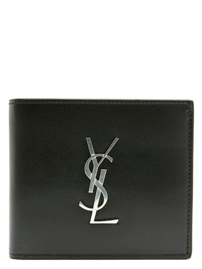 Wallet by Saint Laurent for men in leather & metal black & silver showcases a discerning silhouette, artfully capturing the essence of Leather & Metal Wallet with its functional .