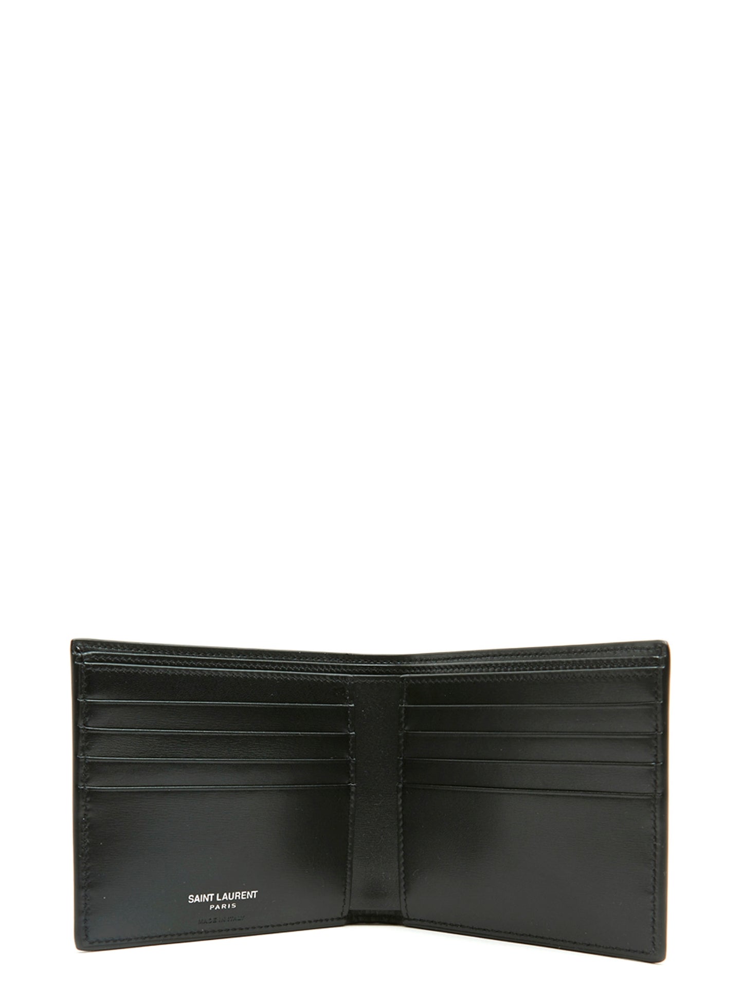 Wallet by Saint Laurent for men in leather & metal black & silver showcases a distinguished silhouette, artfully capturing the essence of the distinguished Leather & Metal Wallet design with functional .