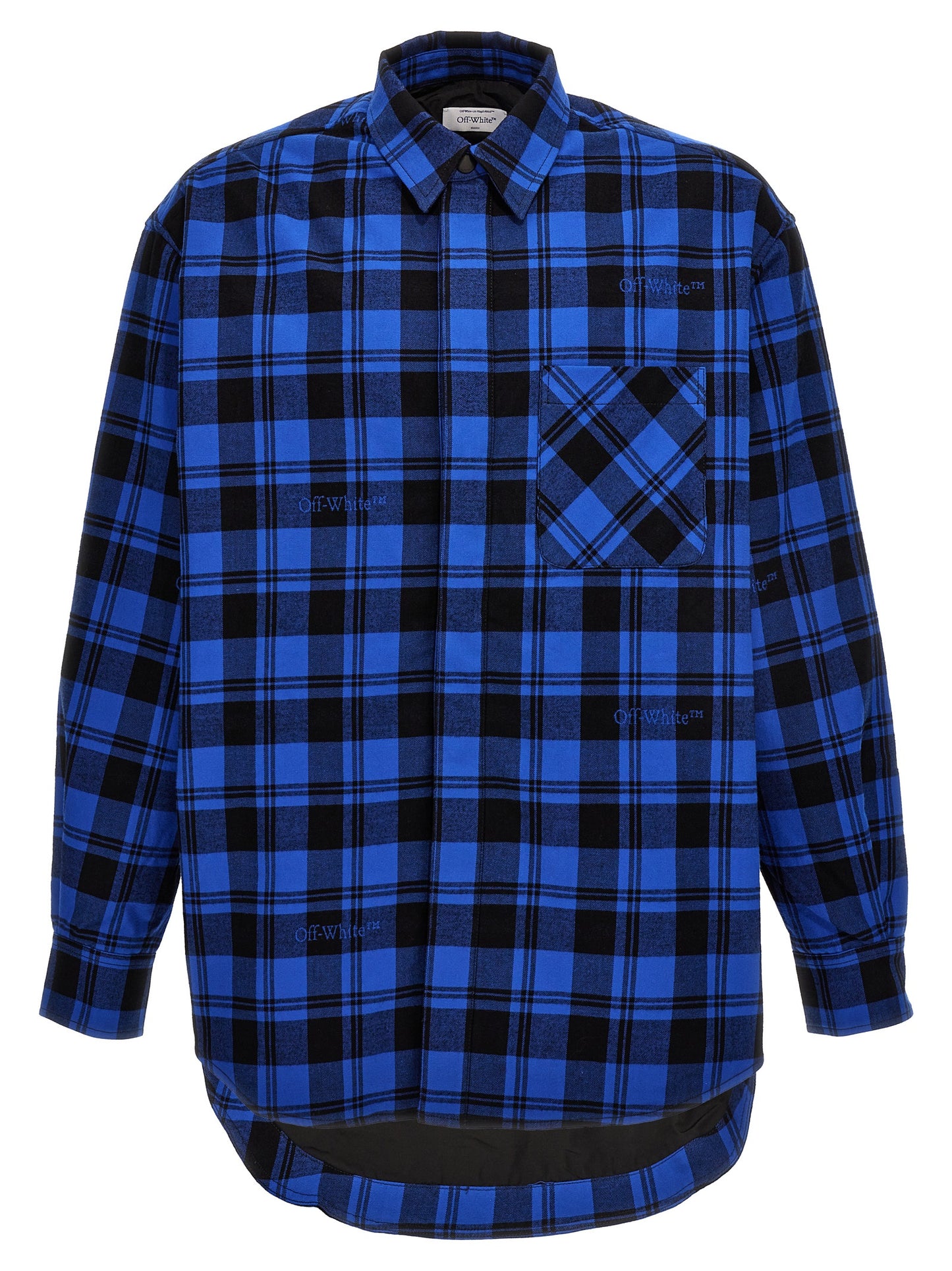Overshirt by Off-White for men in cotton flannel blue, white & patterned features an architectural silhouette with a refined and elegant for a architectural look.