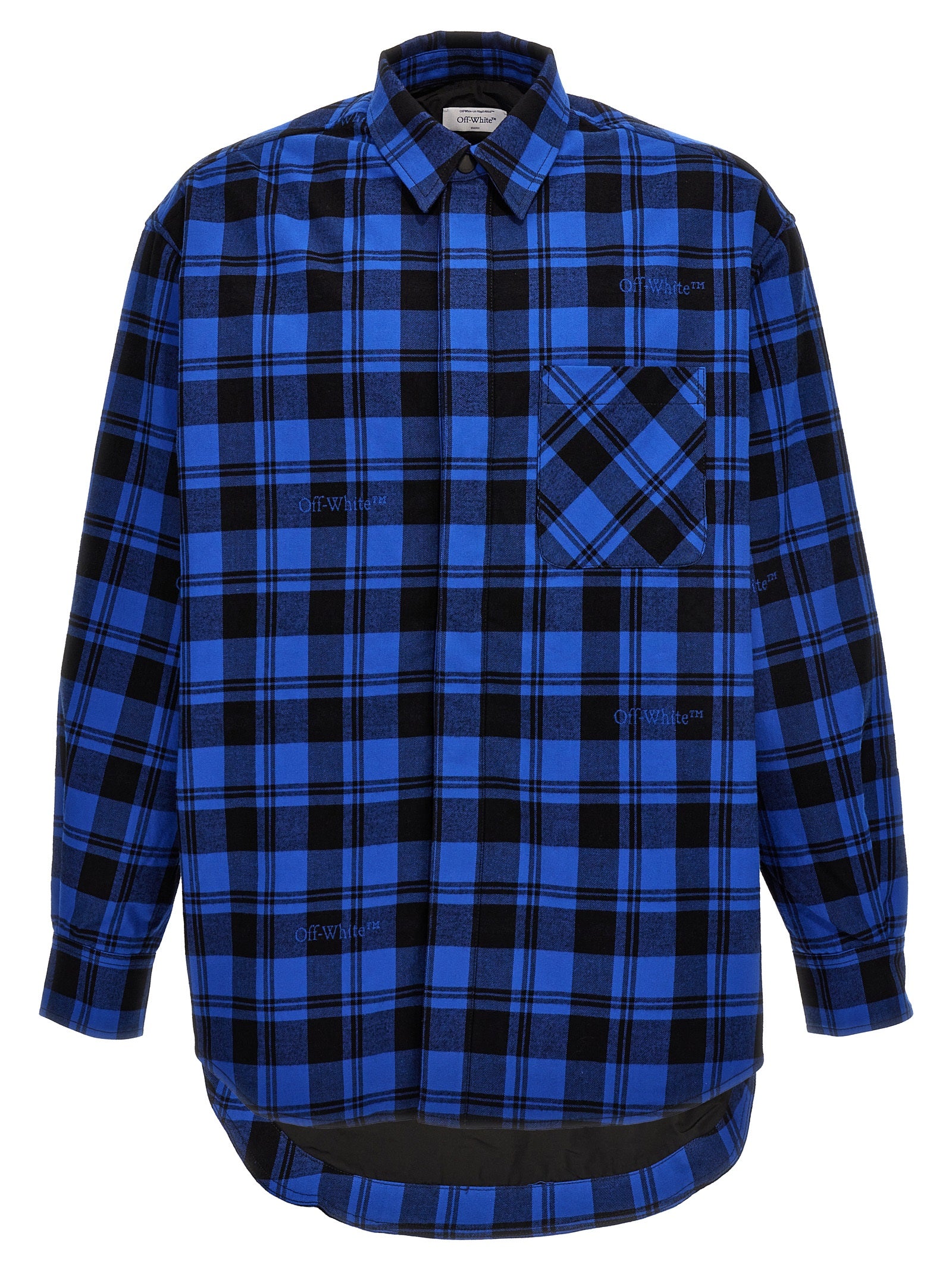 Overshirt by Off-White for men in cotton flannel blue, white & patterned features an architectural silhouette with a refined and elegant for a architectural look.