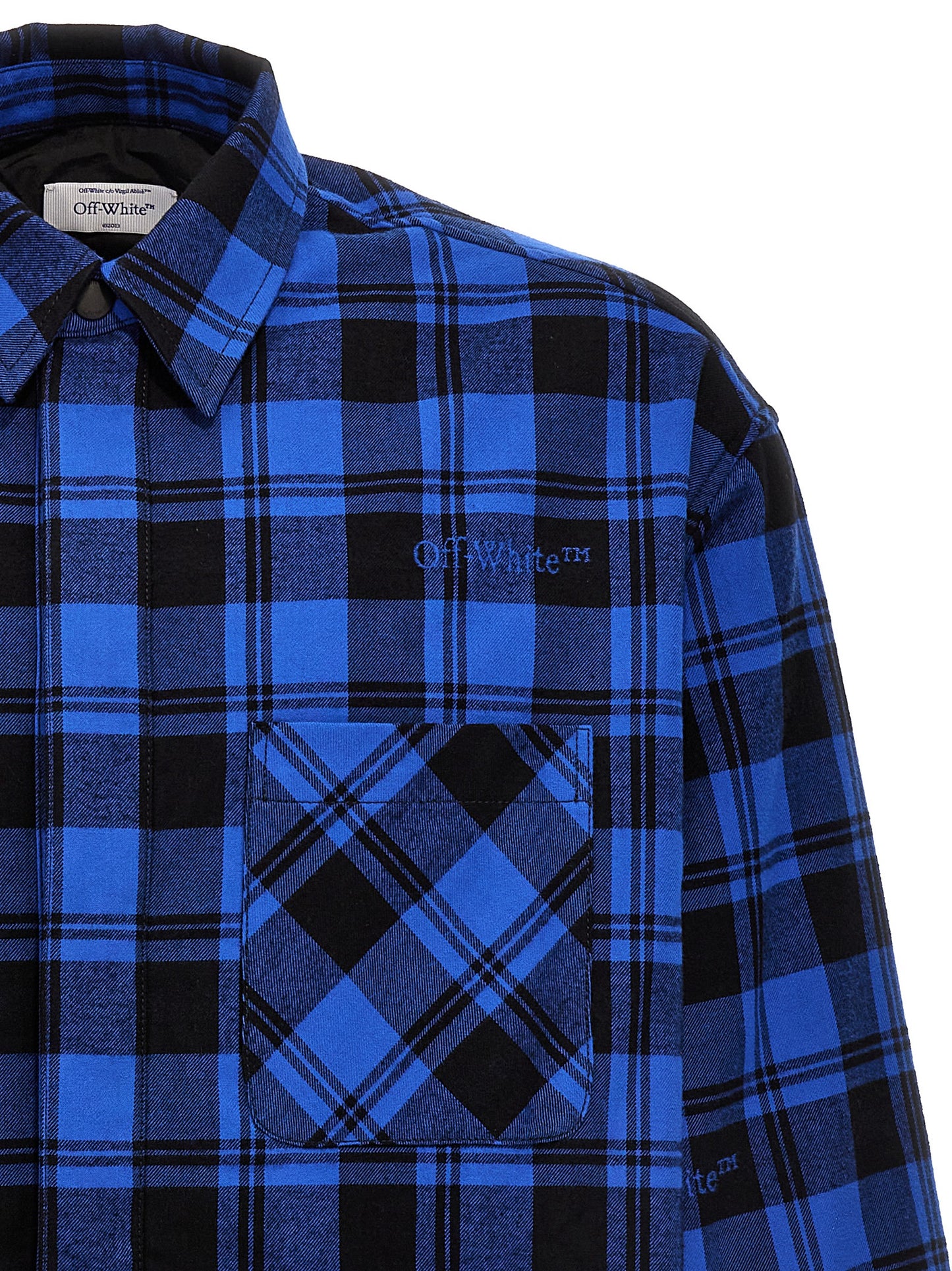 Overshirt by Off-White for men in cotton flannel blue, white & patterned showcases a sleek silhouette, elegantly detailed with a sleek and for a sleek finish.