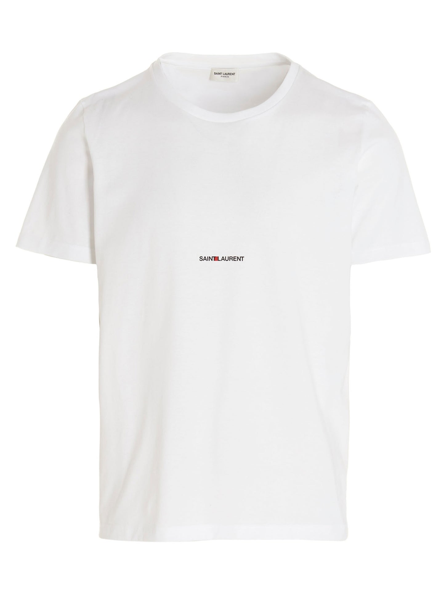 T-Shirt by Saint Laurent for men in cotton white & print showcases a dramatic silhouette, elegantly detailed with a dramatic and short-sleeve for a truly dramatic finish.