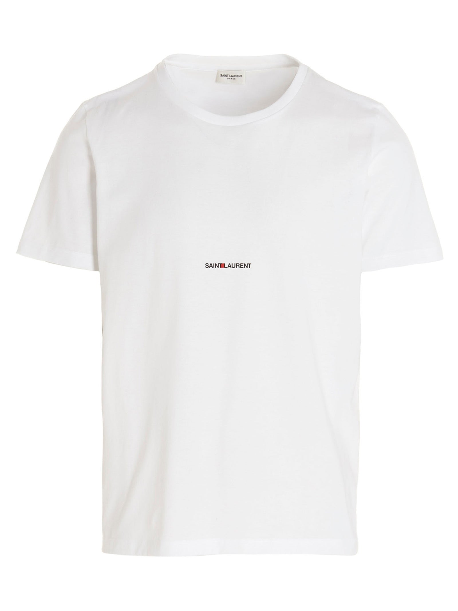 T-Shirt by Saint Laurent for men in cotton white & print showcases a dramatic silhouette, elegantly detailed with a dramatic and short-sleeve for a truly dramatic finish.