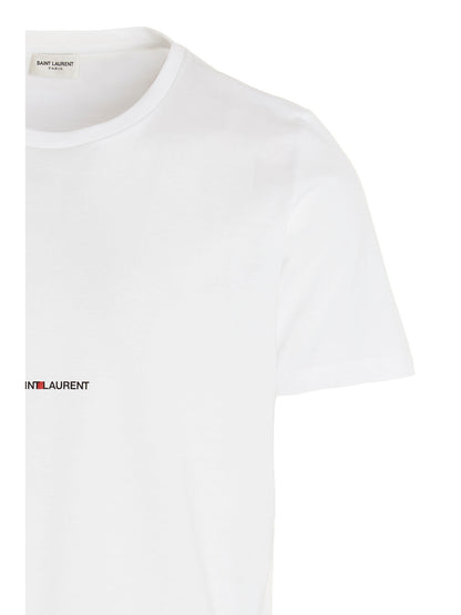 T-Shirt by Saint Laurent for men in cotton white & print showcases a unassuming silhouette, artfully detailed with a refined and unassuming for a sophisticated, contemporary look.