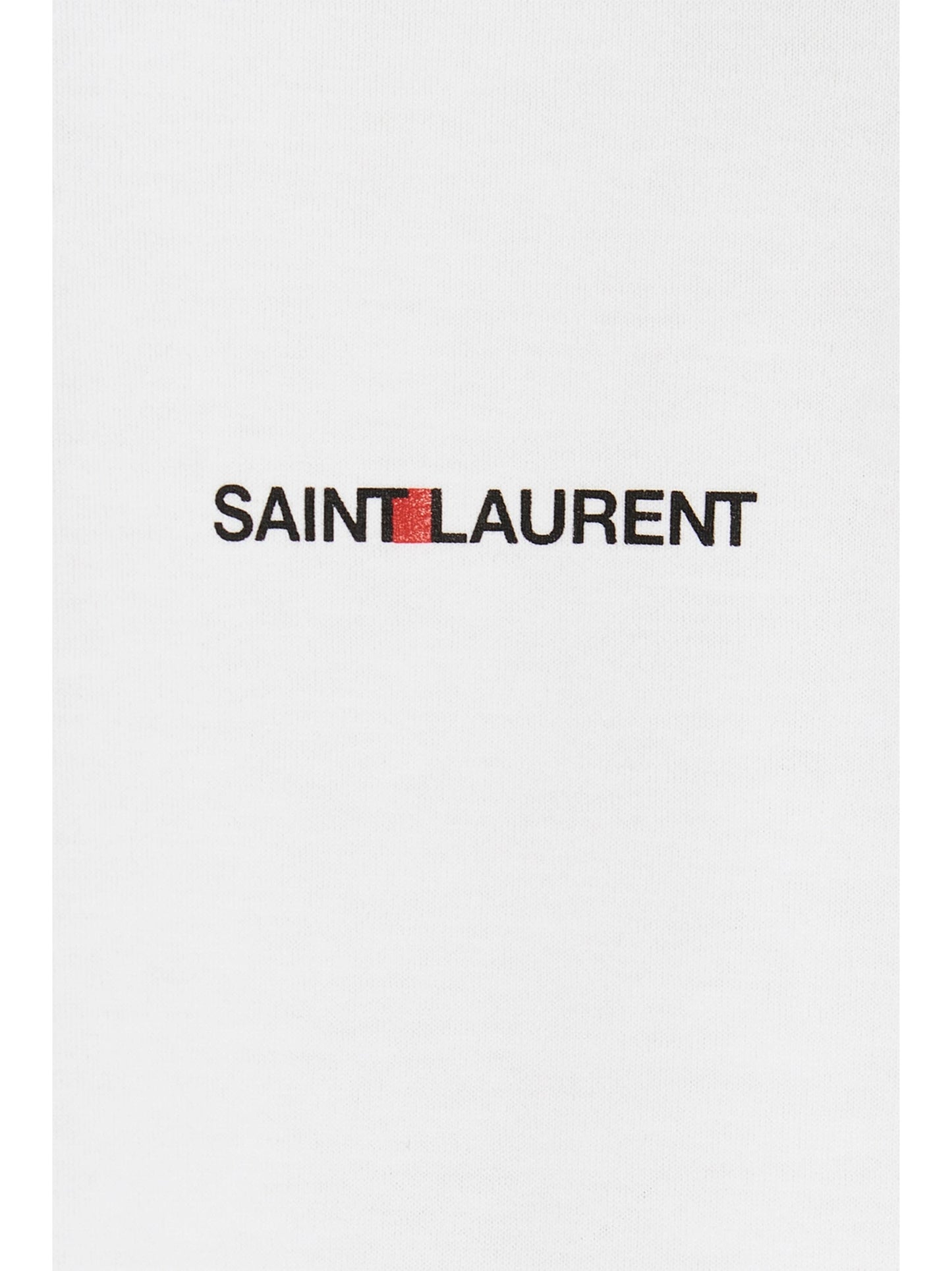 T-Shirt by Saint Laurent for men in cotton white & print showcases a dramatic silhouette, elegantly detailed with a dramatic and for a truly dramatic finish.