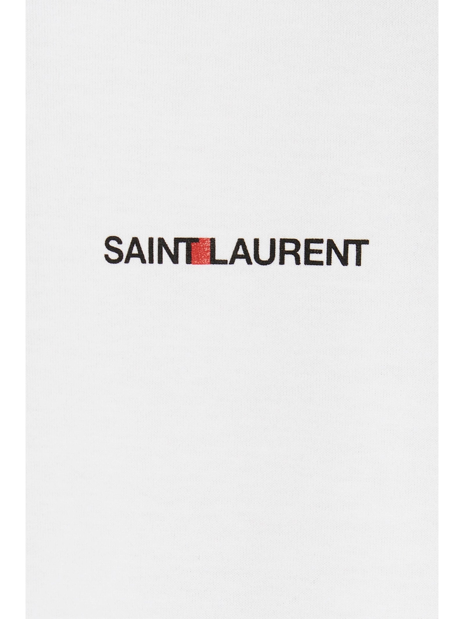 T-Shirt by Saint Laurent for men in cotton white & print showcases a dramatic silhouette, elegantly detailed with a dramatic and for a truly dramatic finish.