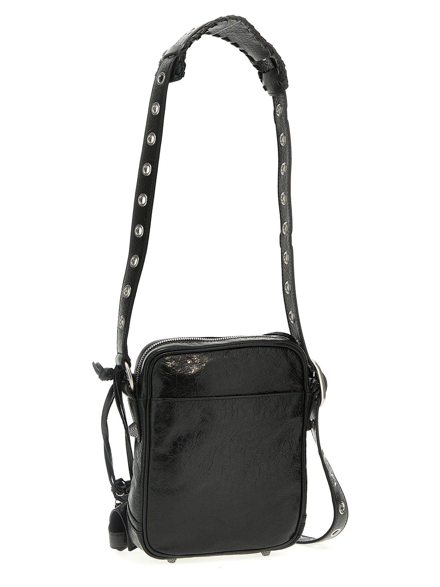Crossbody Messenger Clutch Bag by Balenciaga for men in polyester & lamb leather black features a statement-making Le Cagole Polyester & Lamb Leather Crossbody Messenger Clutch Bag design with a secure zipper, statement-making , and versatile crossbody-strap, shoulder-strap & adjustable-strap for a sophisticated look.