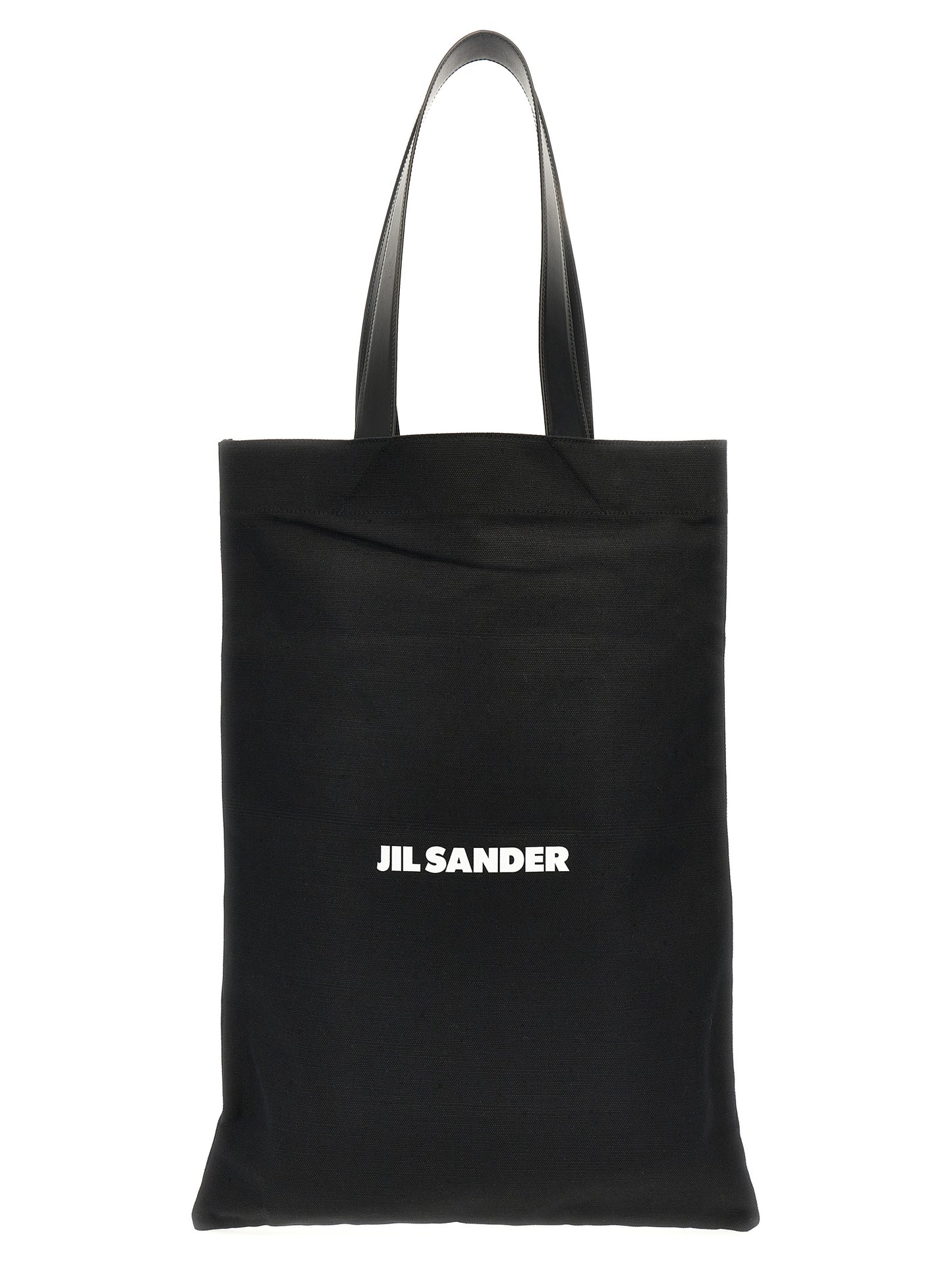 Large Shopper Tote Bag by Jil Sander for women in linen poly cotton canvas & leather black & print showcases a urban-chic Linen Poly Cotton Canvas & Leather Large Shopper Tote Bag design, featuring a secure , ample , and versatile handle for a urban-chic finish.
