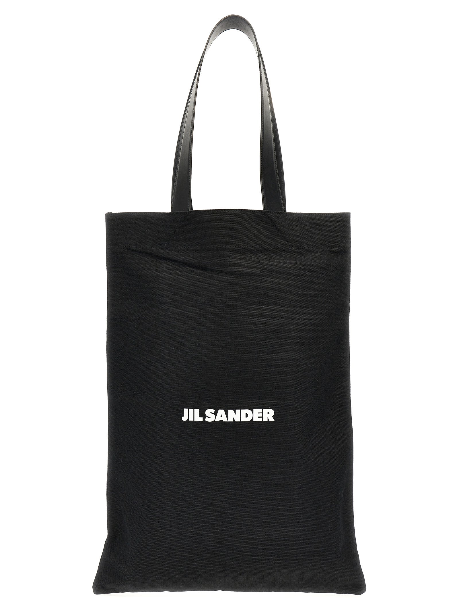Large Shopper Tote Bag by Jil Sander for women in linen poly cotton canvas & leather black & print showcases a urban-chic Linen Poly Cotton Canvas & Leather Large Shopper Tote Bag design, featuring a secure , ample , and versatile handle for a urban-chic finish.