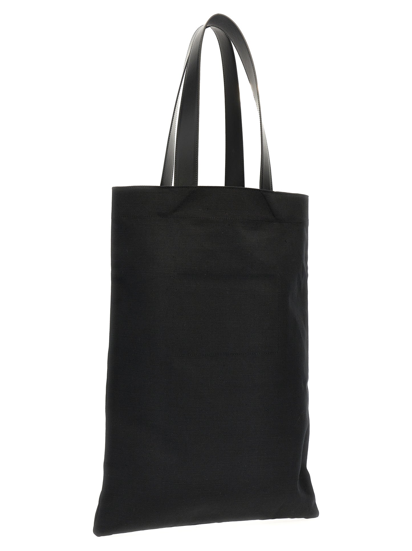 Large Shopper Tote Bag by Jil Sander for women in linen poly cotton canvas & leather black & print features an metropolitan chic Linen Poly Cotton Canvas & Leather Large Shopper Tote Bag design with a secure , metropolitan chic , and versatile handle for a metropolitan chic look.