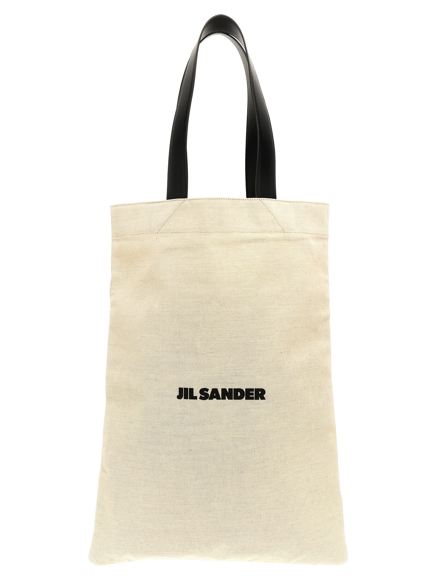 Large Shopper Tote Bag by Jil Sander for women in linen poly cotton canvas & leather bicolour, black, white & print features an utilitarian-chic silhouette, showcasing the City Linen Poly Cotton Canvas & Leather Large Shopper Tote Bag design with a secure , ample , and versatile handle.