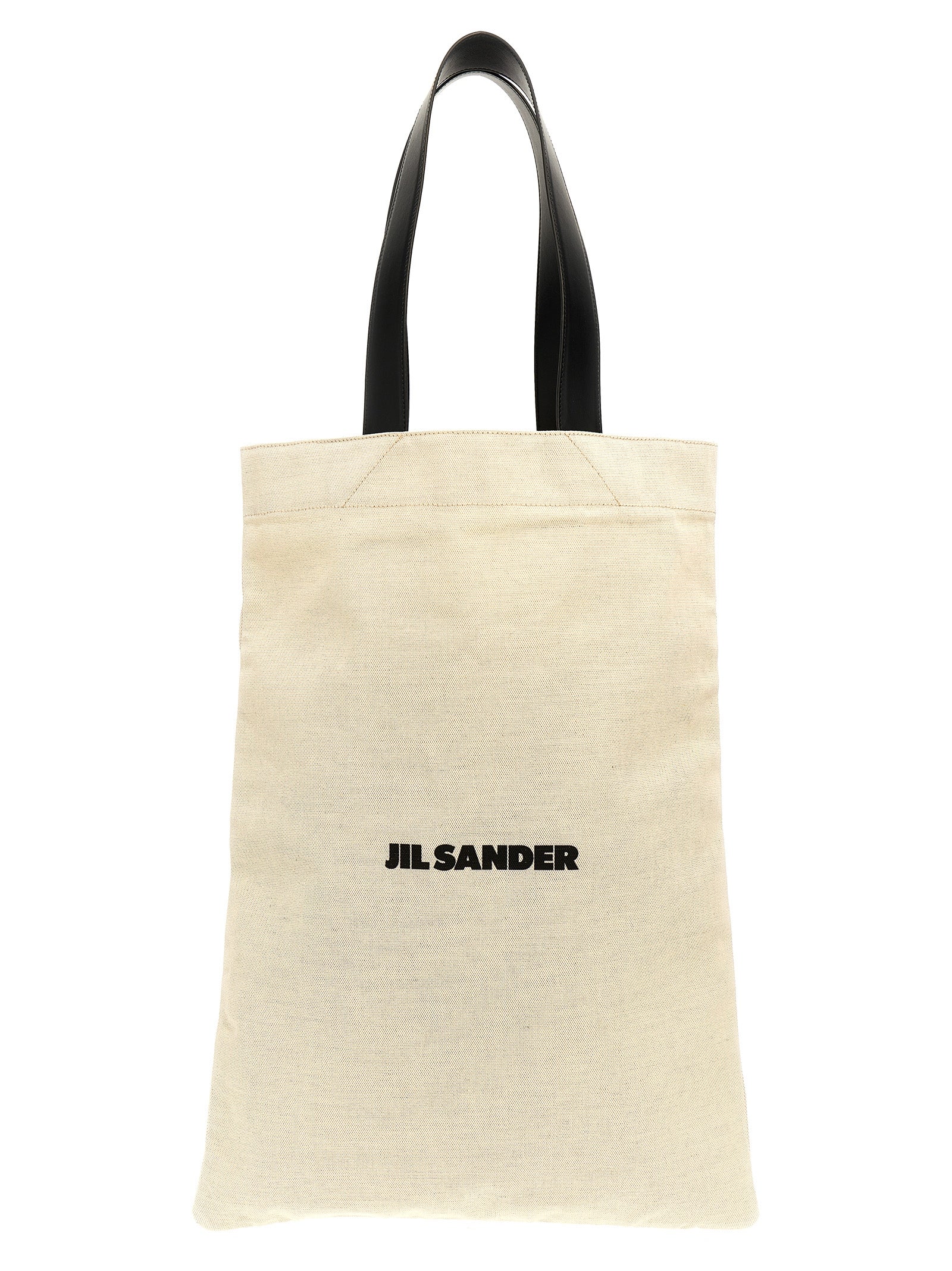 Large Shopper Tote Bag by Jil Sander for women in linen poly cotton canvas & leather bicolour, black, white & print features an utilitarian-chic silhouette, showcasing the City Linen Poly Cotton Canvas & Leather Large Shopper Tote Bag design with a secure , ample , and versatile handle.