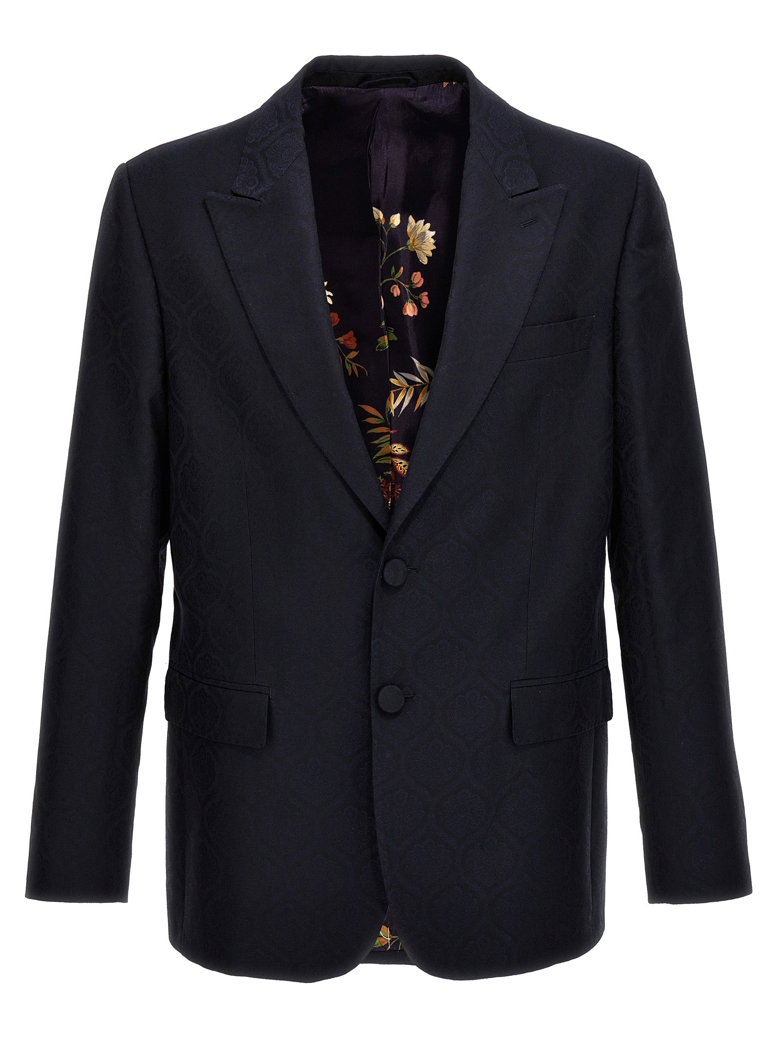 Blazer by Etro for men in wool cotton blue & jacquard features an crisp silhouette with sophisticated and a crisp split neckline for a truly crisp finish.