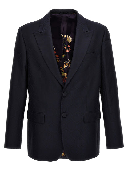 Blazer by Etro for men in wool cotton blue & jacquard features an crisp silhouette with sophisticated and a crisp split neckline for a truly crisp finish.