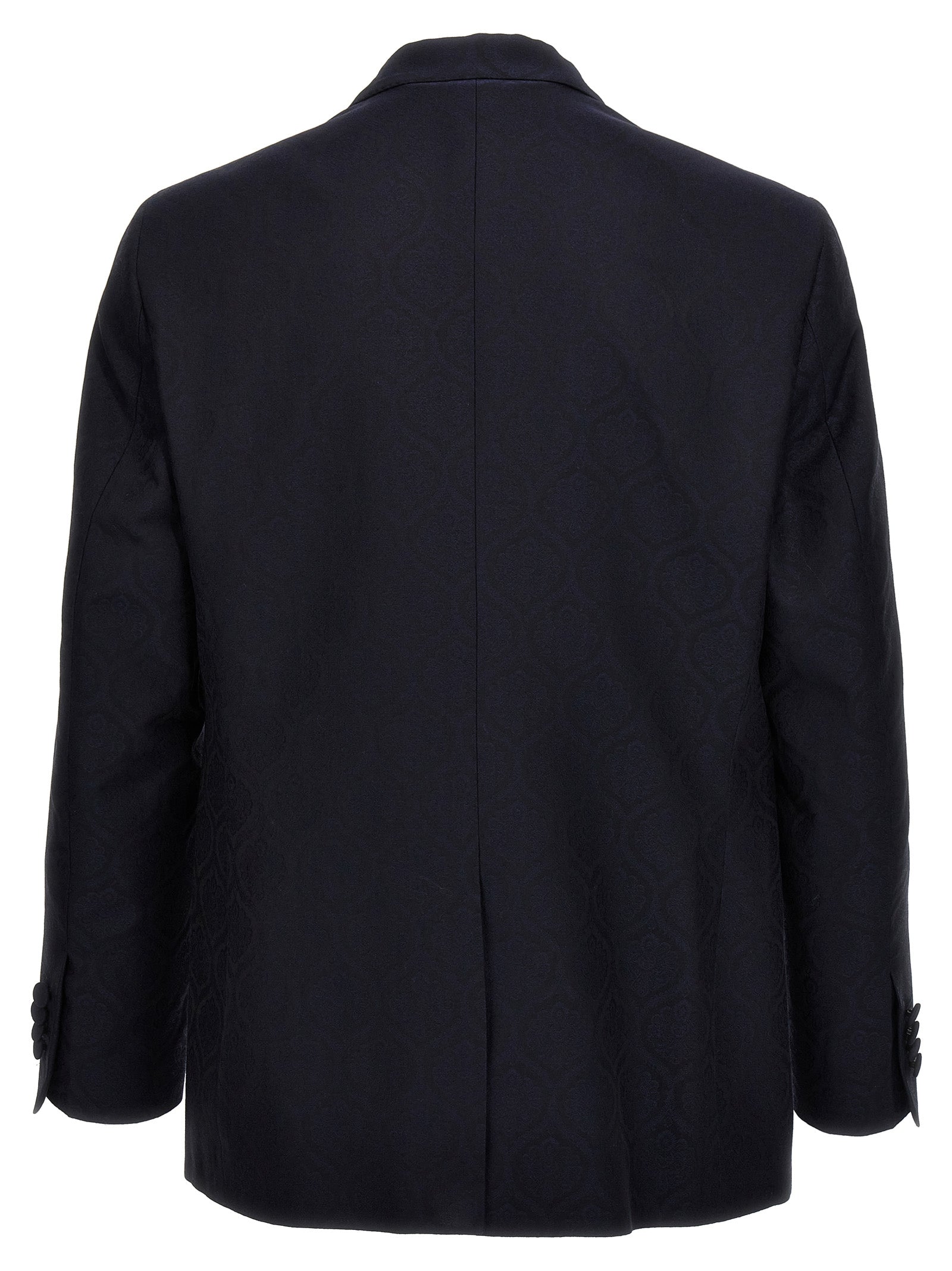 This Blazer by Etro for men in wool cotton blue & jacquard presents a tailored silhouette, meticulously tailored with a tailored split neckline and distinctive for a tailored finish.