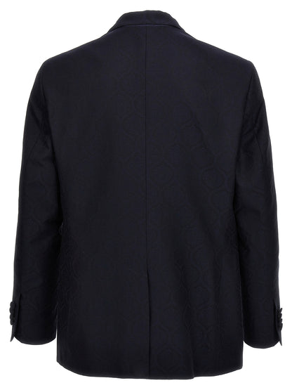 This Blazer by Etro for men in wool cotton blue & jacquard presents a tailored silhouette, meticulously tailored with a tailored split neckline and distinctive for a tailored finish.