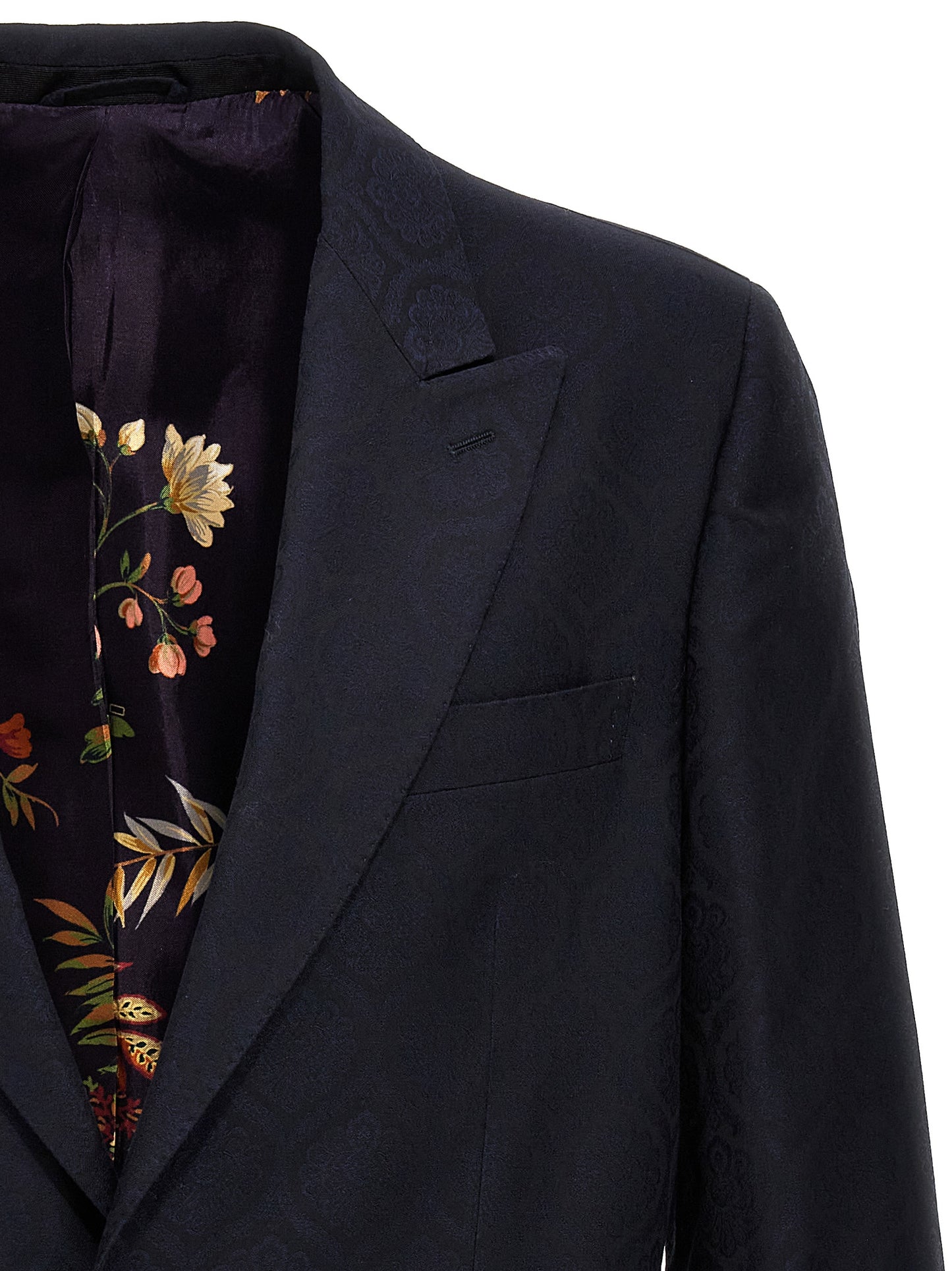 Blazer by Etro for men in wool cotton blue & jacquard showcases a polished silhouette, highlighted by a refined split neckline and polished for a sophisticated finish.