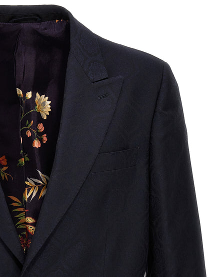 Blazer by Etro for men in wool cotton blue & jacquard showcases a polished silhouette, highlighted by a refined split neckline and polished for a sophisticated finish.