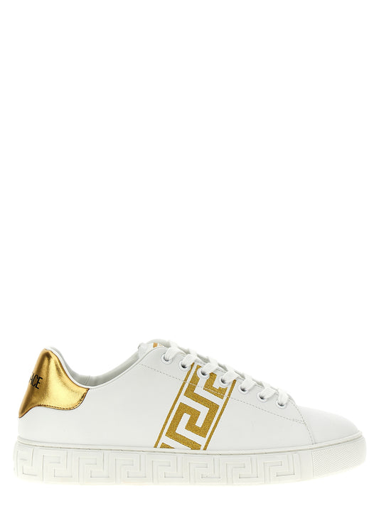 Sneakers by Versace for men in polyamide leather gold features a chic design, perfectly showcasing the chic low-top style of this Men's Low Top Polyamide Leather Sneakers.