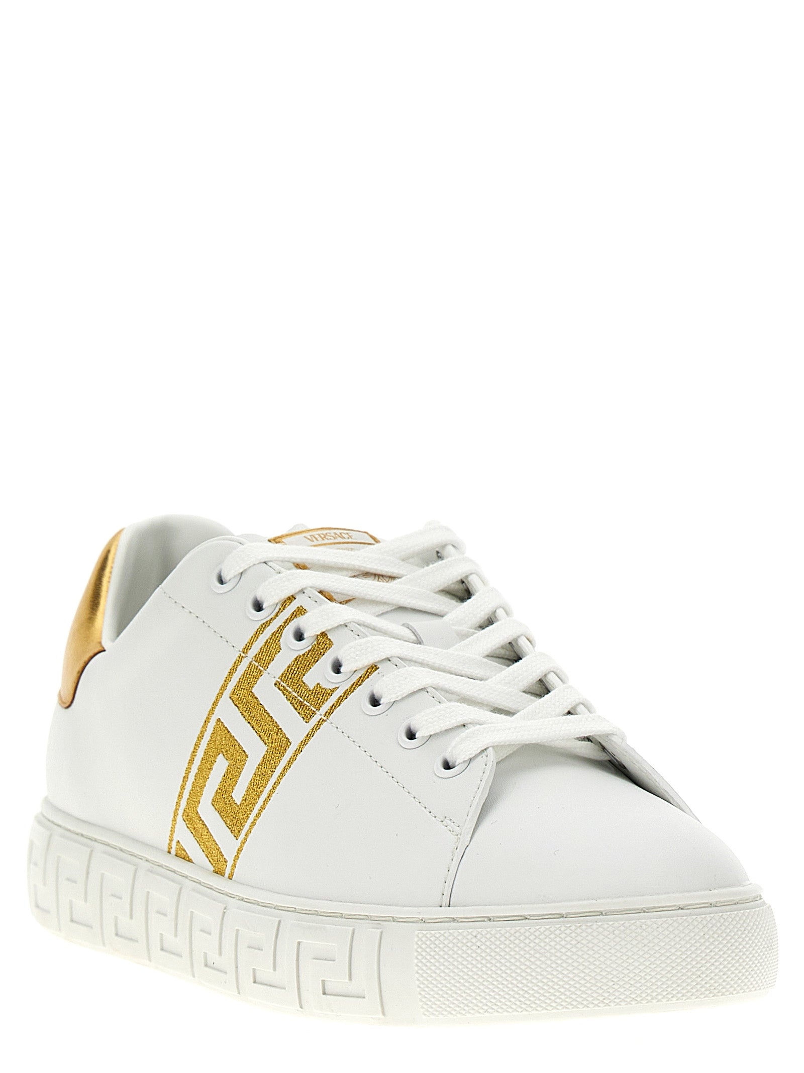 Sneakers by Versace for men in polyamide leather gold features an versatile design from the Men's Low Top Polyamide Leather Sneakers collection, highlighting a versatile low-top style for a premium, high-fashion look.