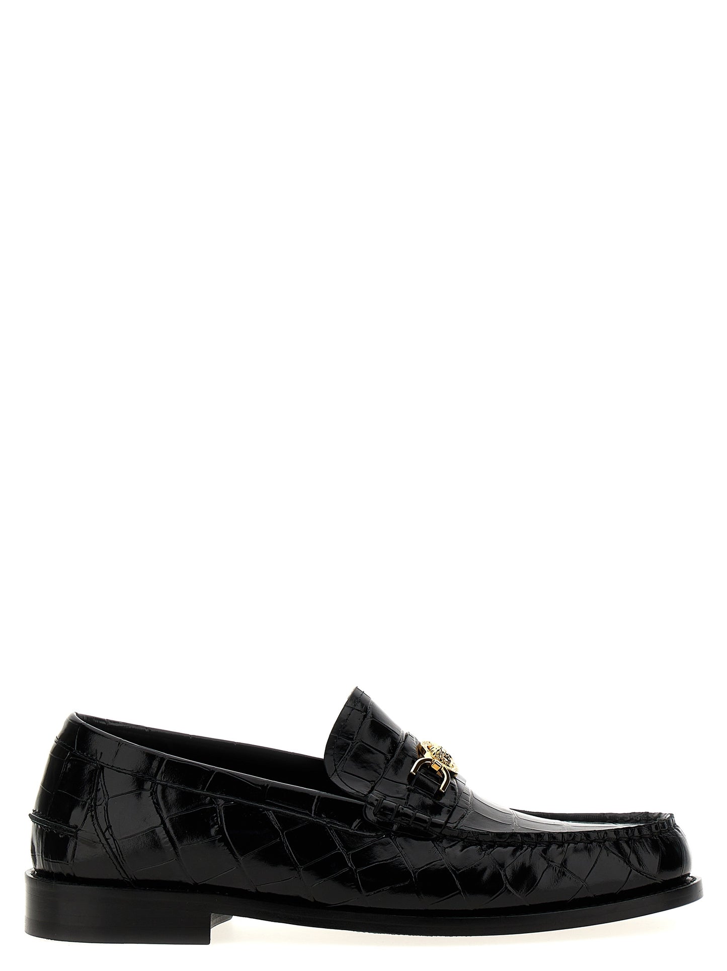 This Loafer Slip-On Shoes by Versace for men in leather & velvet black & print features an exquisite silhouette from the Medusa Men's Leather & Velvet Loafer Slip-On Shoes collection, defined by a sophisticated and elegant .