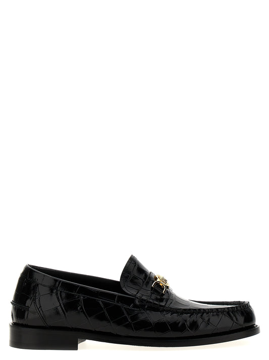 This Loafer Slip-On Shoes by Versace for men in leather & velvet black & print features an exquisite silhouette from the Medusa Men's Leather & Velvet Loafer Slip-On Shoes collection, defined by a sophisticated and elegant .
