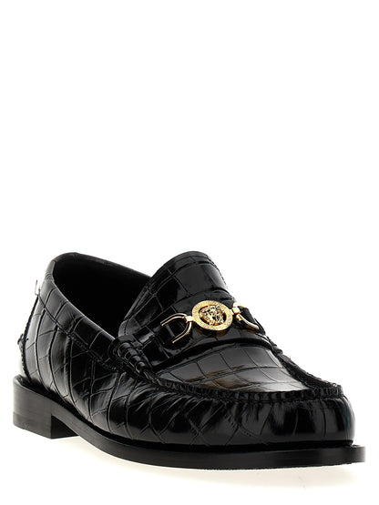 Loafer Slip-On Shoes by Versace for men in leather & velvet black & print features an effortless chic silhouette, showcasing the Medusa Men's Leather & Velvet Loafer Slip-On Shoes design with an effortless chic and a for a effortless chic look.