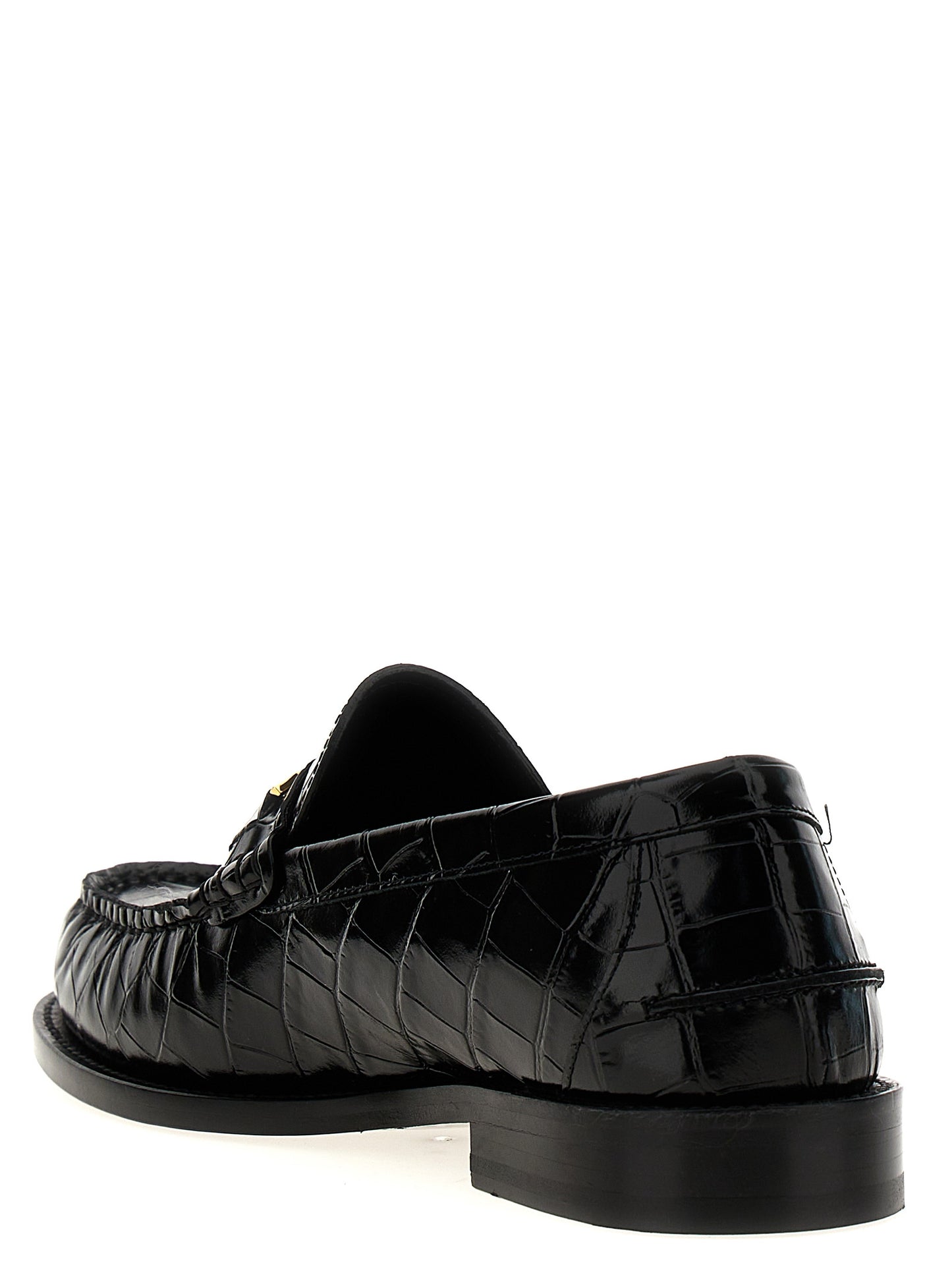 Loafer Slip-On Shoes by Versace for men in leather & velvet black & print showcases a impeccable silhouette as Medusa Men's Leather & Velvet Loafer Slip-On Shoes, artfully designed with a impeccable and refined for a impeccable finish.