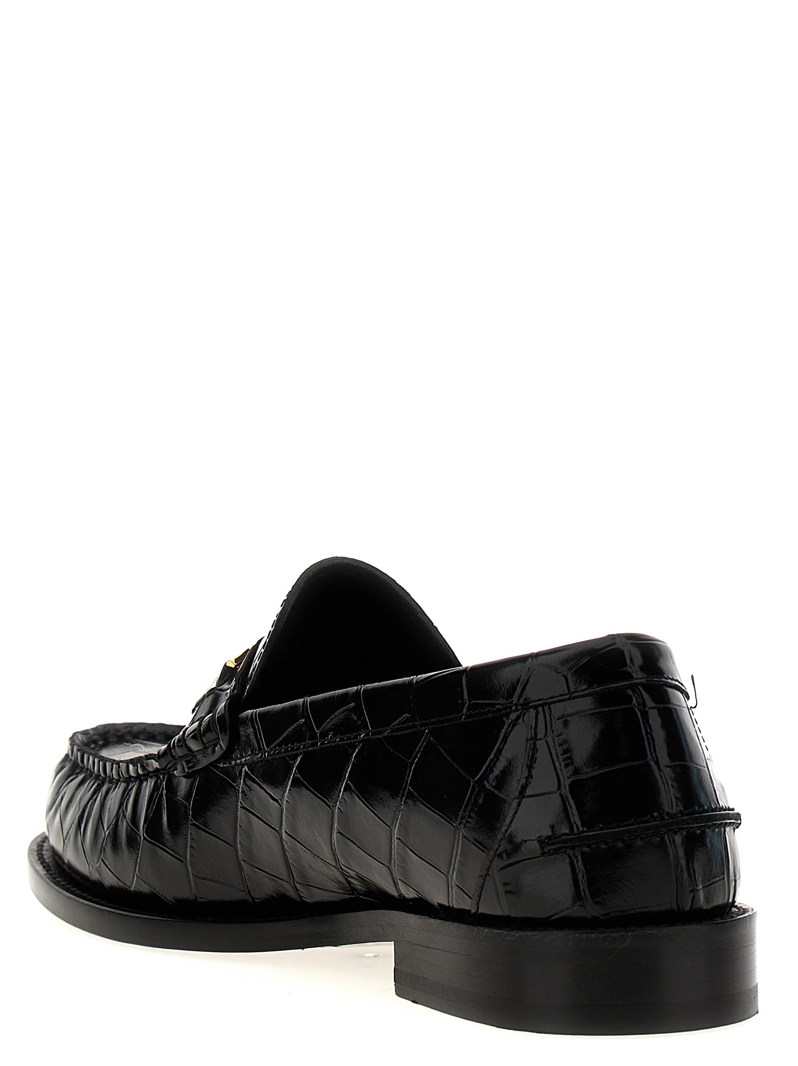 Loafer Slip-On Shoes by Versace for men in leather & velvet black & print showcases a impeccable silhouette as Medusa Men's Leather & Velvet Loafer Slip-On Shoes, artfully designed with a impeccable and refined for a impeccable finish.