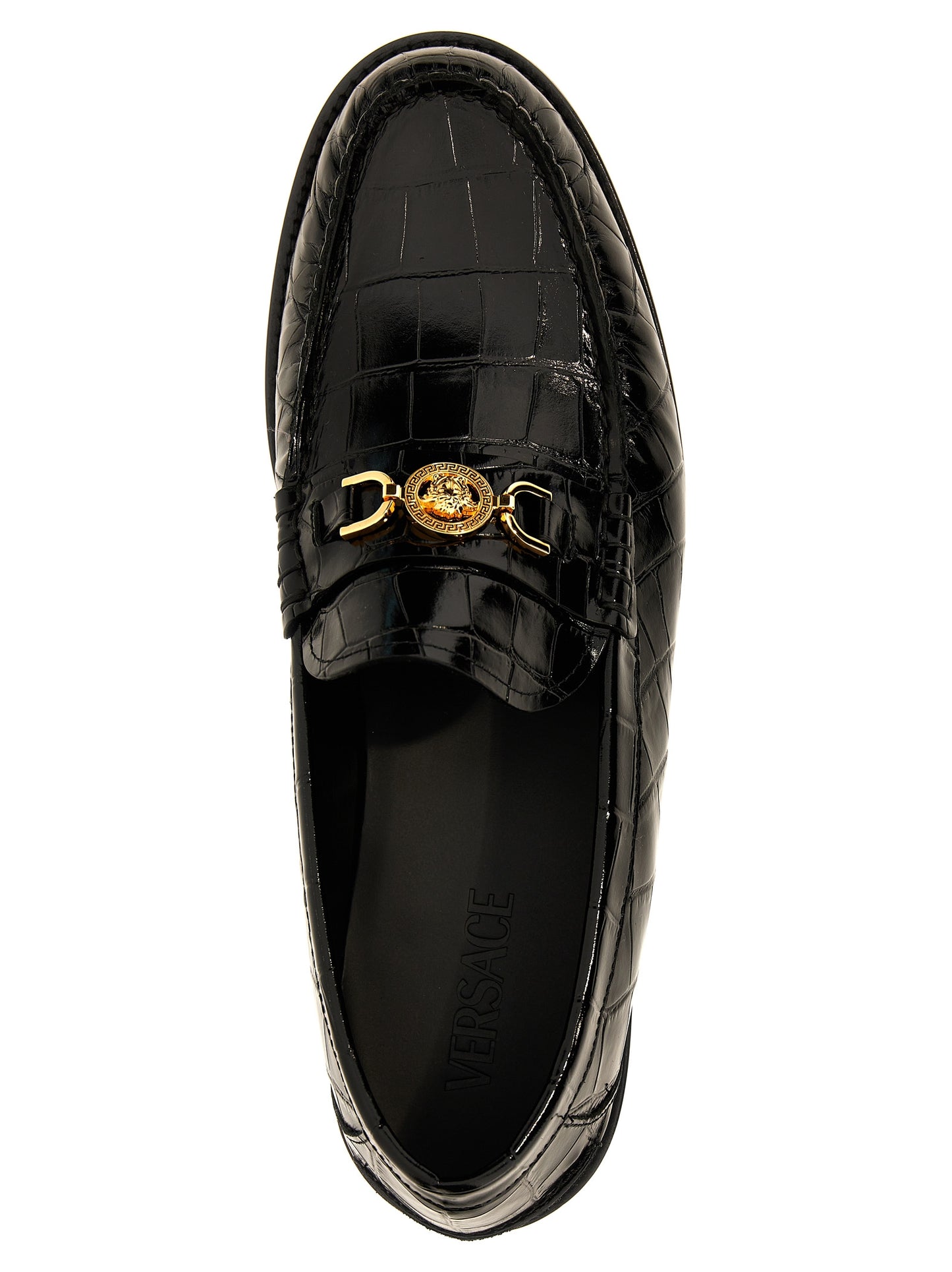Loafer Slip-On Shoes by Versace for men in leather & velvet black & print showcases a resplendent Medusa Men's Leather & Velvet Loafer Slip-On Shoes aesthetic, defined by its resplendent and elegant .
