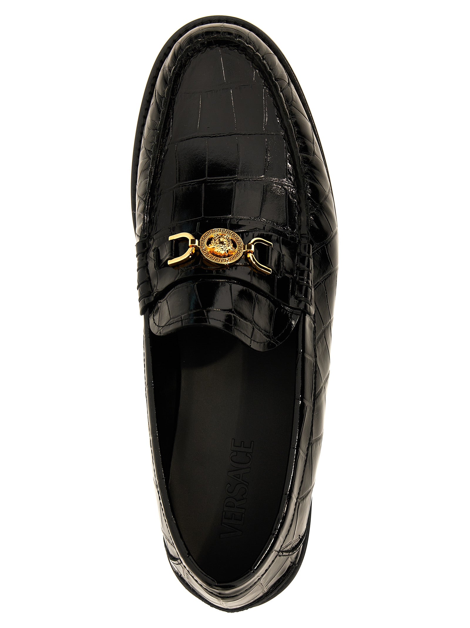 Loafer Slip-On Shoes by Versace for men in leather & velvet black & print showcases a resplendent Medusa Men's Leather & Velvet Loafer Slip-On Shoes aesthetic, defined by its resplendent and elegant .