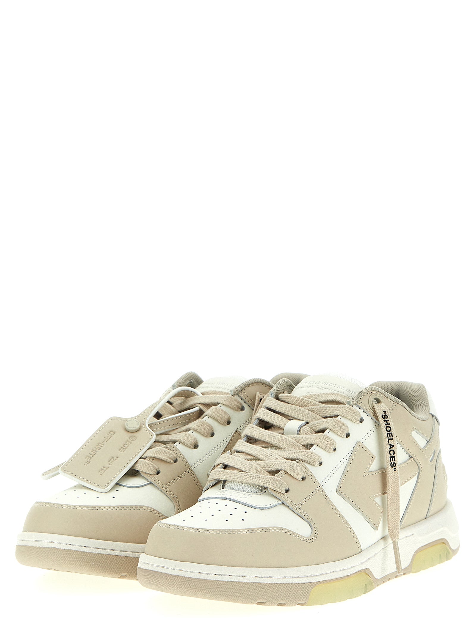 Sneakers by Off-White for women in polyester & calfskin leather beige & white presents a impeccable silhouette as Women's Low Top Polyester & Calfskin Leather Sneakers, expertly defined by a impeccable low-top style for a impeccable, high-fashion look.