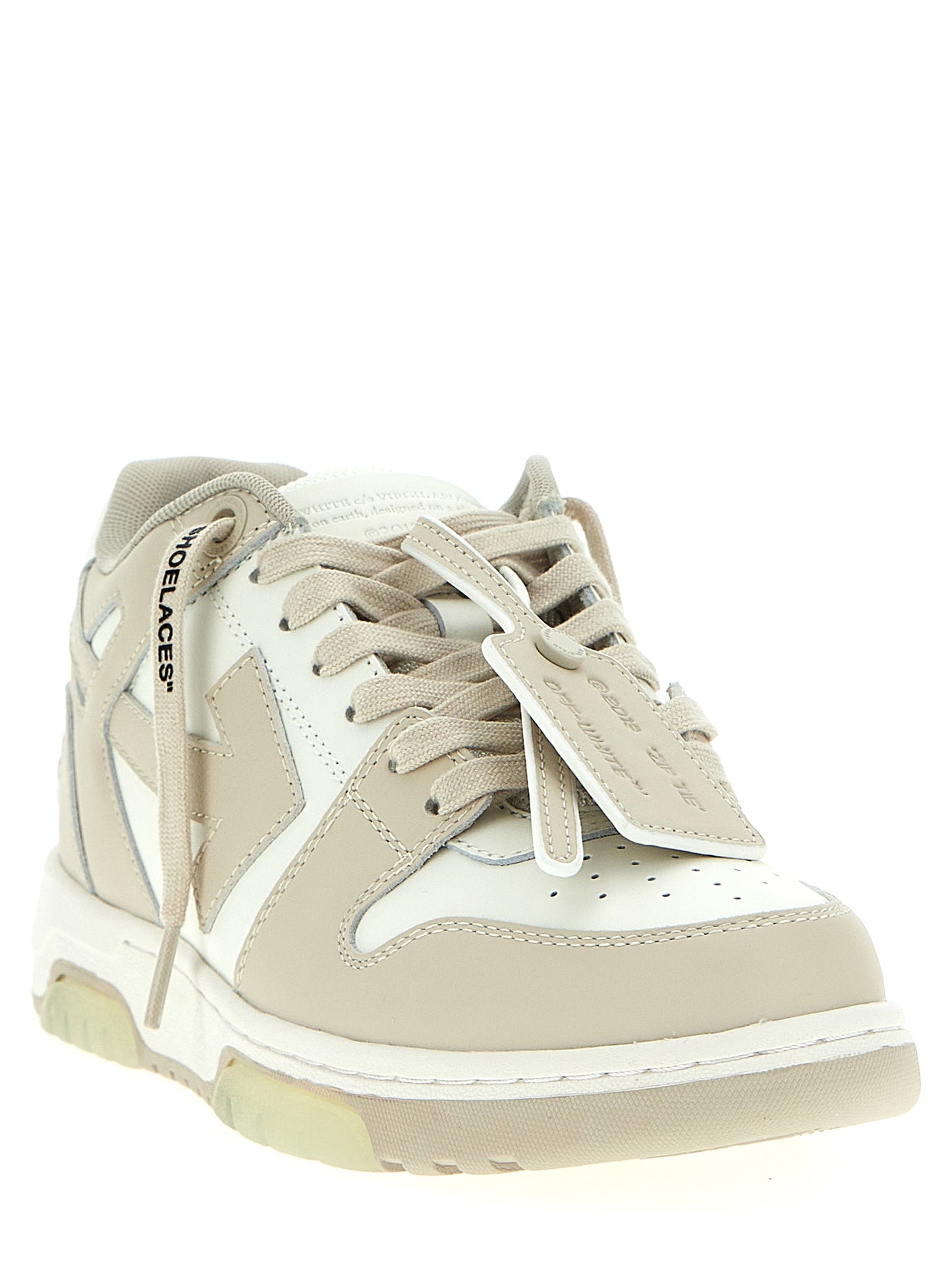Sneakers by Off-White for women in polyester & calfskin leather beige & white presents a impeccable silhouette as Women's Low Top Polyester & Calfskin Leather Sneakers, expertly defined by a impeccable low-top style for a impeccable, high-fashion look.