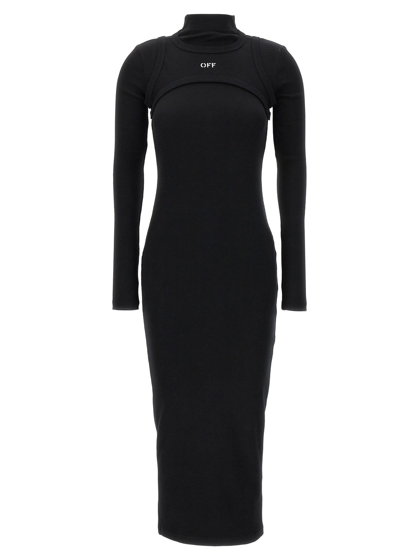 Dress by Off-White for women in stretch cotton black & white features an eye catching silhouette with a sophisticated , elegant , and a refined midi for a eye catching aesthetic.