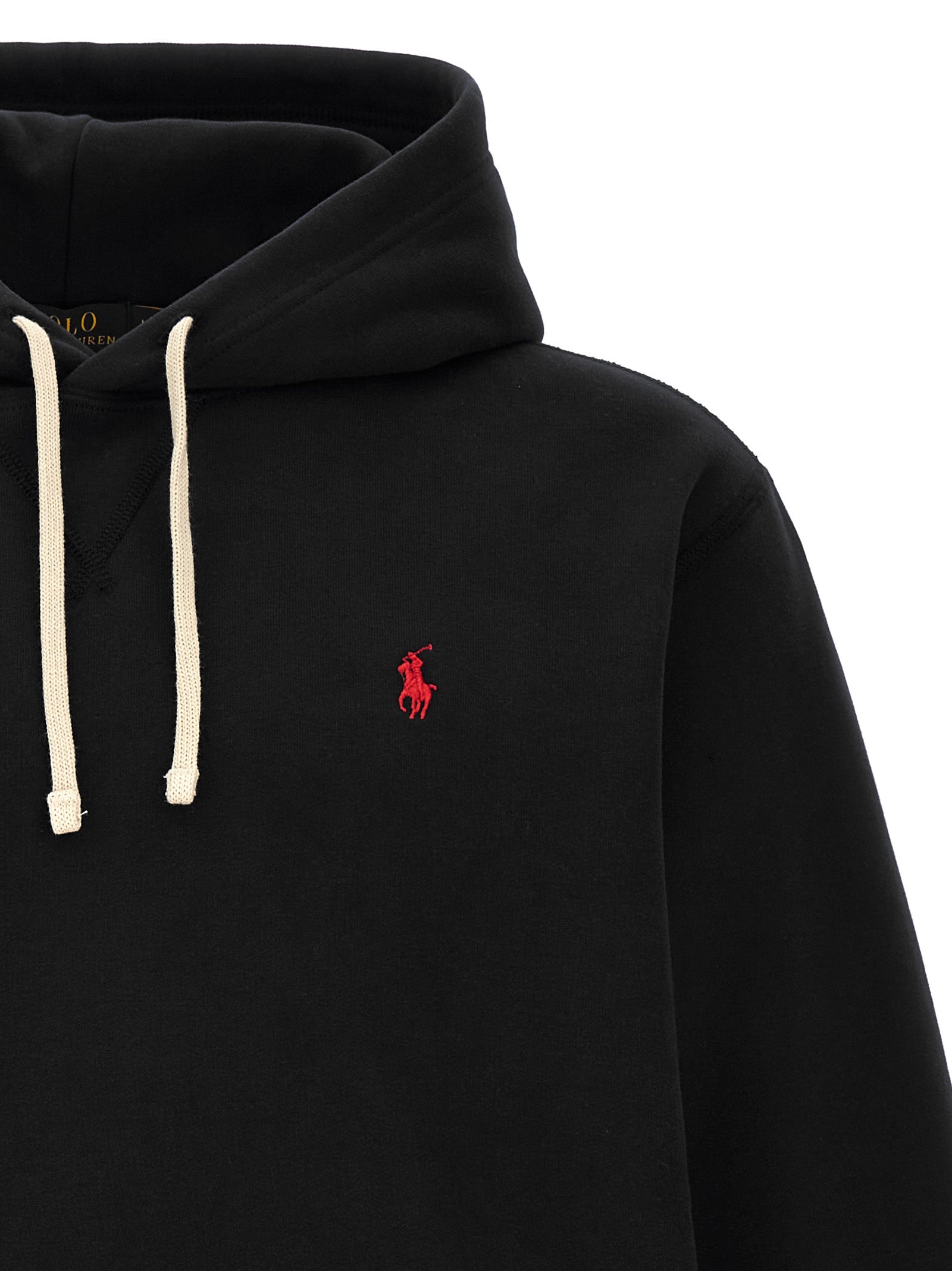 Sweatshirt Hoodie by Polo Ralph Lauren for men in cotton polyester black & signature features a slouchy chic silhouette, detailed with a slouchy chic and a signature hooded neckline for an elevated aesthetic.